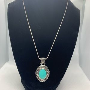 Thai Sterling Silver Turquoise Pendant on 925 Sterling Chain 11.3 grams